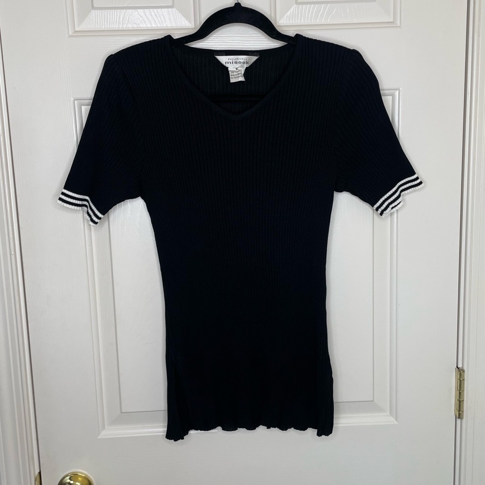 Exclusively Misook Black Ribbed Knit Top with Striped Cuffs | V-Neck Blouse M